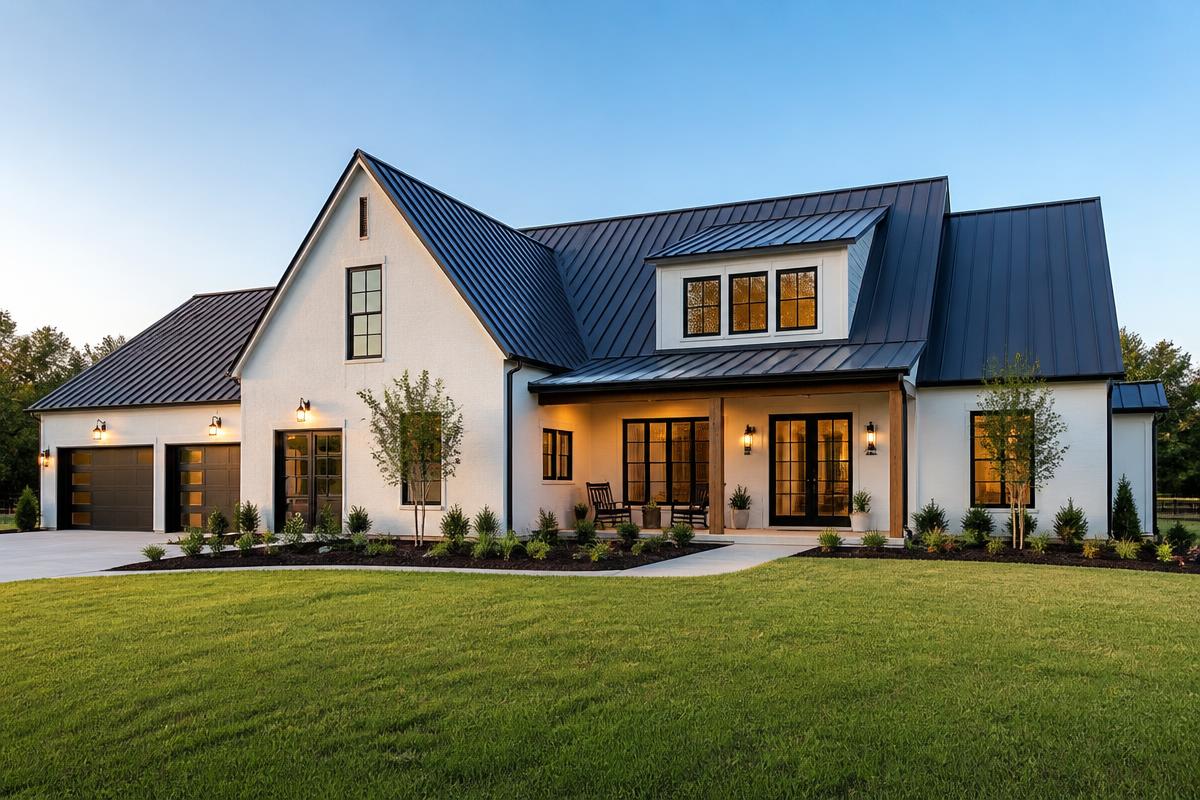 Modern suburban home with a dark standing seam metal roof