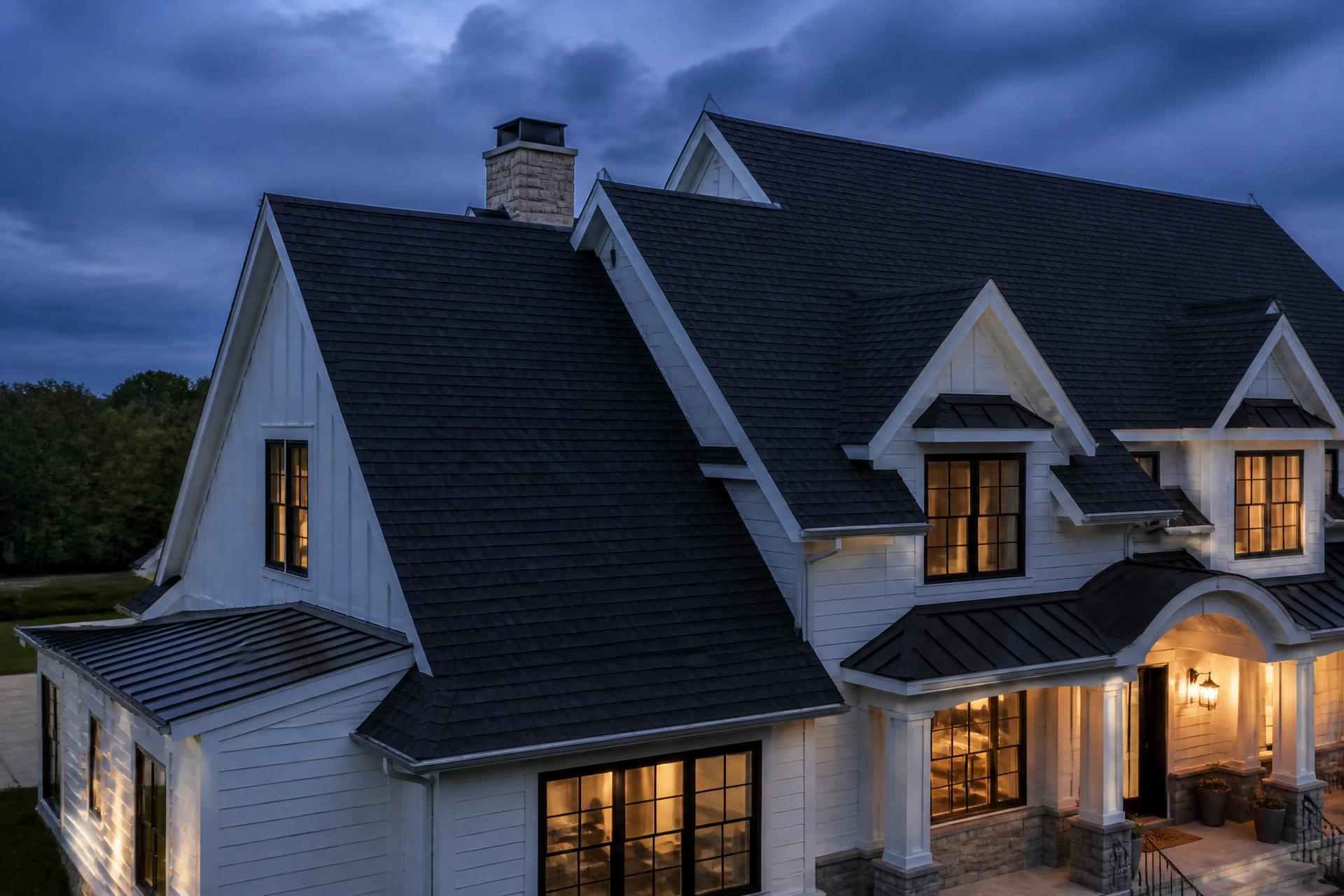 Newly installed dark architectural shingle roof on a large home at dusk